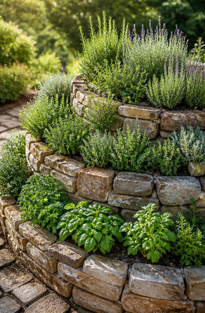 How to Build a Herb Spiral Garden: Layout, Soil, and Planting 5 Various herbs planted in an herb spiral garden at different levels.