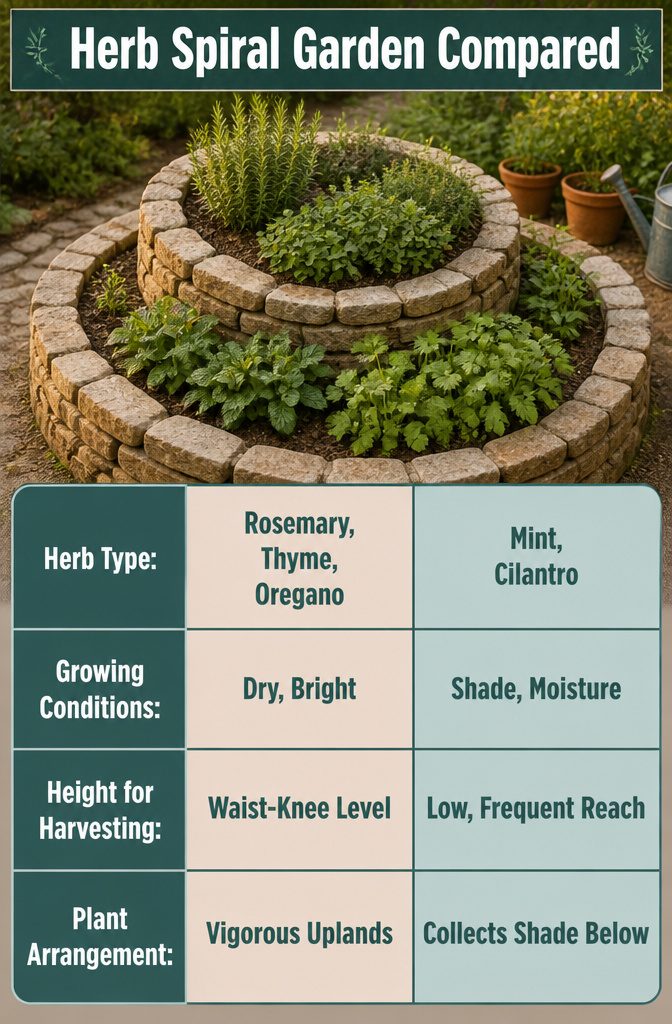 How to Build a Herb Spiral Garden: Layout, Soil, and Planting 7 Diagram comparing herb spiral garden zones with moisture and sun conditions.