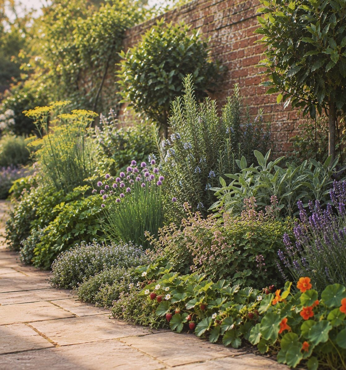 Herbal Garden Layout: 8 Designs for Small Spaces 4 Lush green herbs and purple flowers growing in a dense border along a brick wall and stone path.