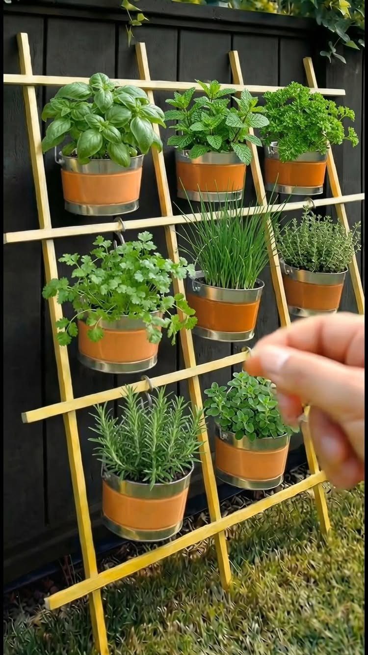 Herbal Garden Layout: 8 Designs for Small Spaces 7 Green herbs in metal pots hanging on a wooden trellis against a dark fence.