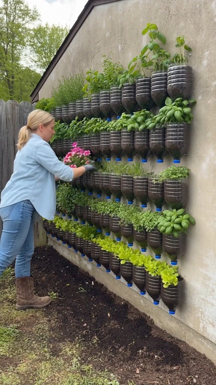 Herbal Garden Layout: 8 Designs for Small Spaces 8 A woman tending to a vertical garden made of recycled plastic bottles filled with green herbs.