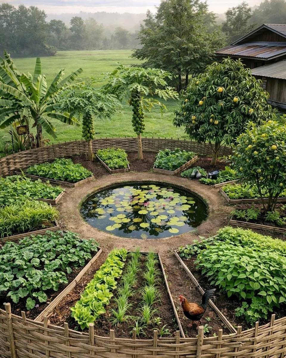 Circular vegetable garden beds surrounding a central lily pond in a lush, misty landscape.