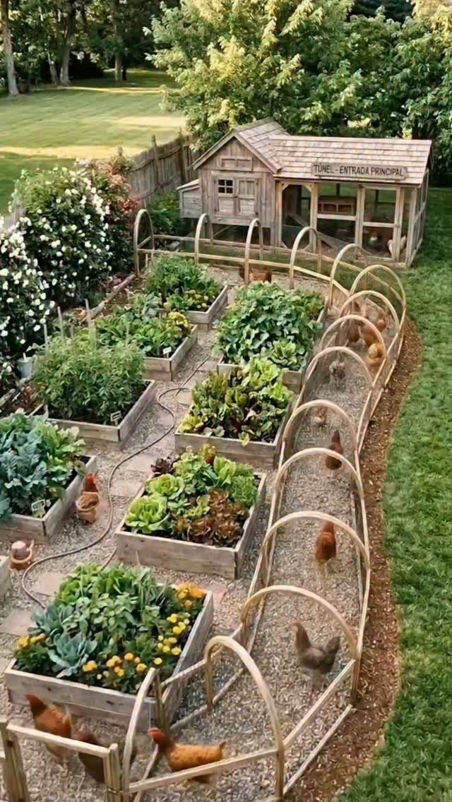 Raised garden beds with vegetables next to a long, arched wooden chicken run with brown chickens.