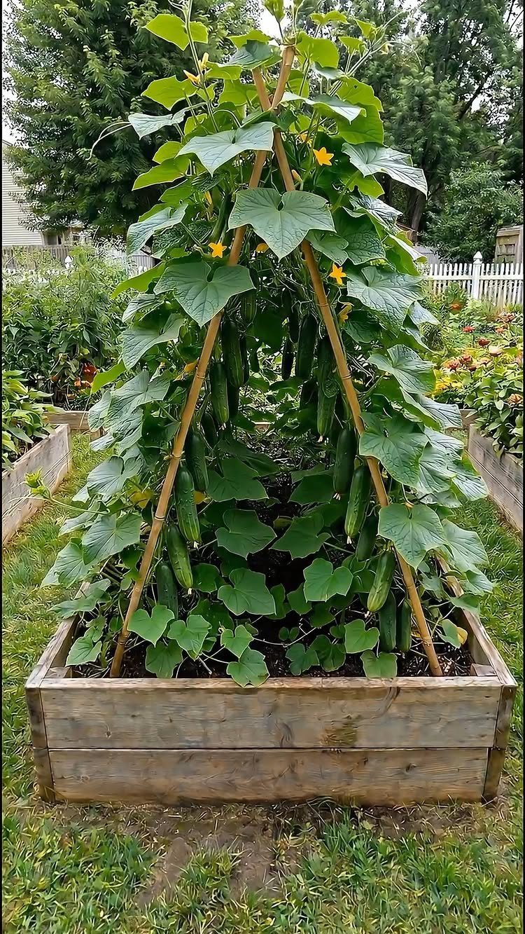 Cucumber plants growing on a wooden A-frame trellis inside a wooden raised garden bed.