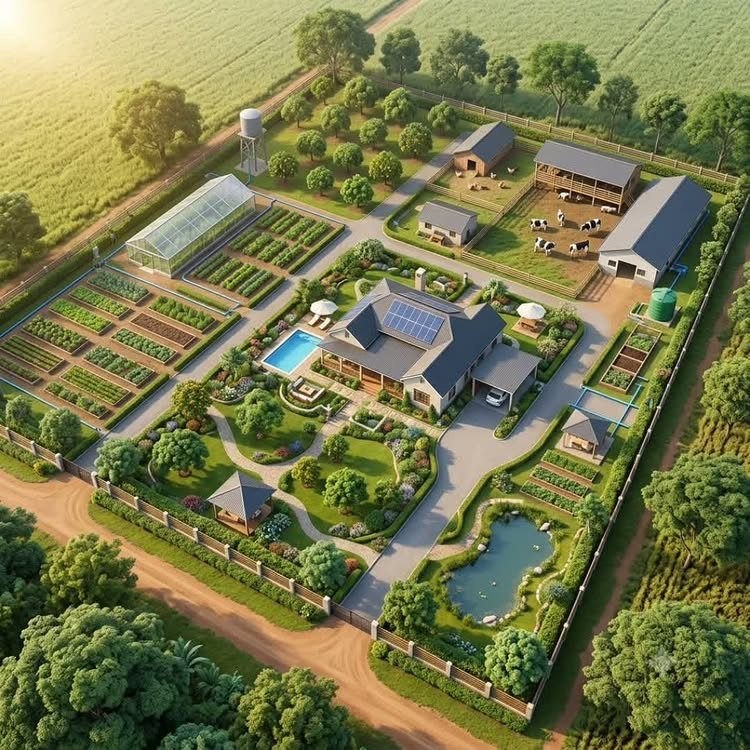Aerial view of a detailed 3D rendered homestead garden layout with various farm sections.