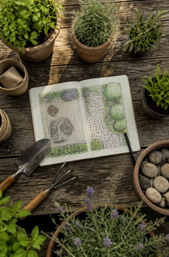 How to Landscape a Backyard: 8 Steps for the Complete Process 3 Graph paper with a scaled sketch of a yard layout.