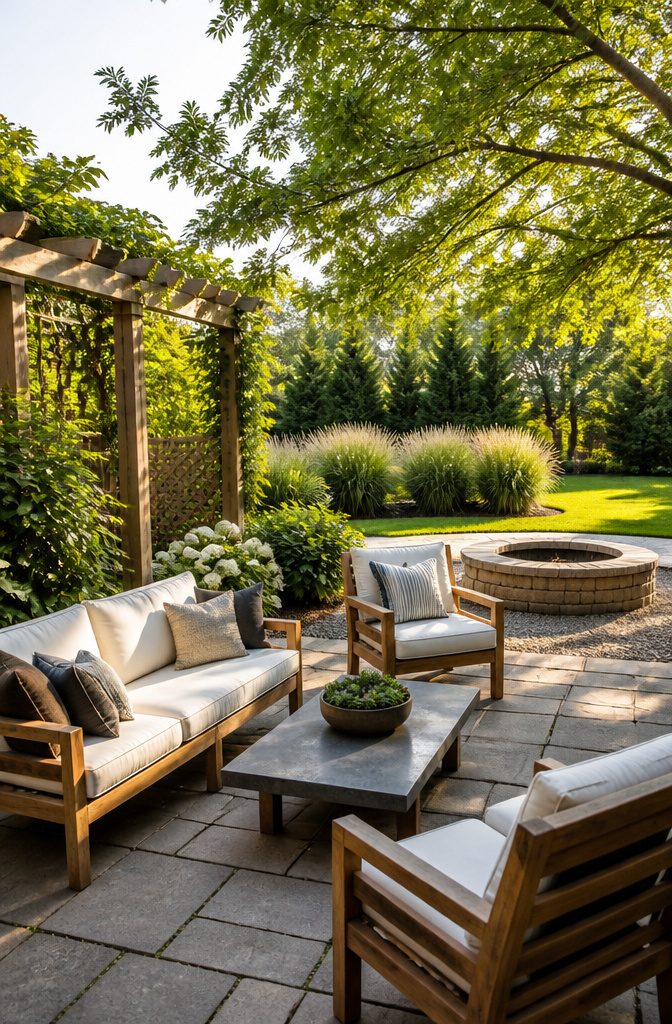 How to Landscape a Backyard: 8 Steps for the Complete Process 1 Seating area with wooden furniture surrounded by plants and a trellis.