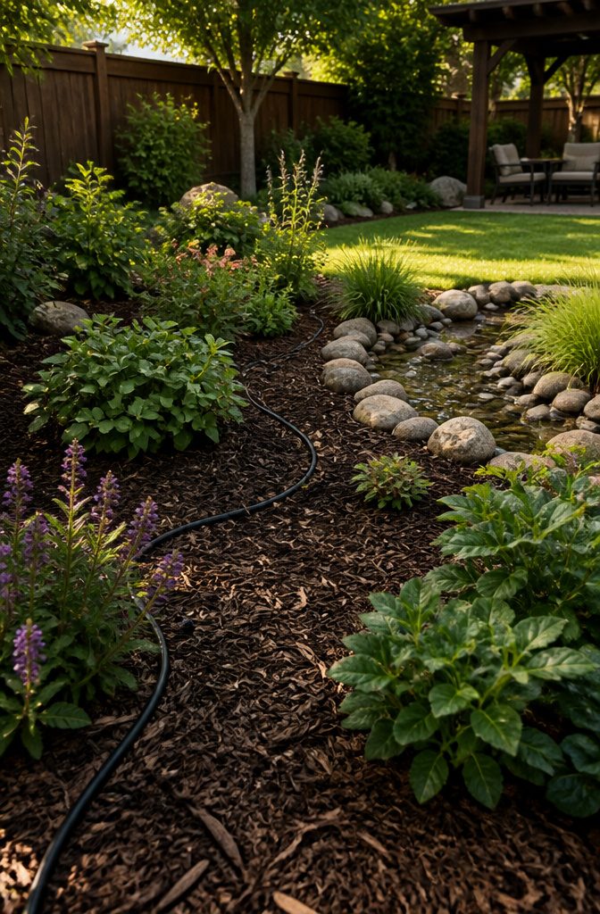 How to Landscape a Backyard: 8 Steps for the Complete Process 6 Planting bed with hardwood mulch and a drip irrigation setup.