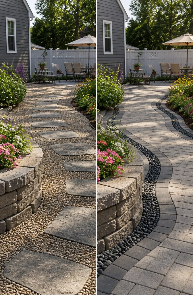 How to Landscape a Backyard: 8 Steps for the Complete Process 5 Different hardscaping materials including stone and concrete pavers.