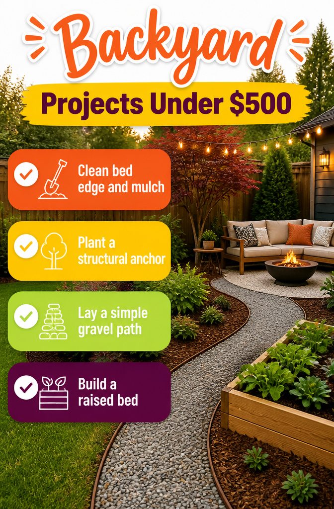 How to Landscape a Backyard: 8 Steps for the Complete Process 12 Ideas for backyard projects under $500 displayed with images.