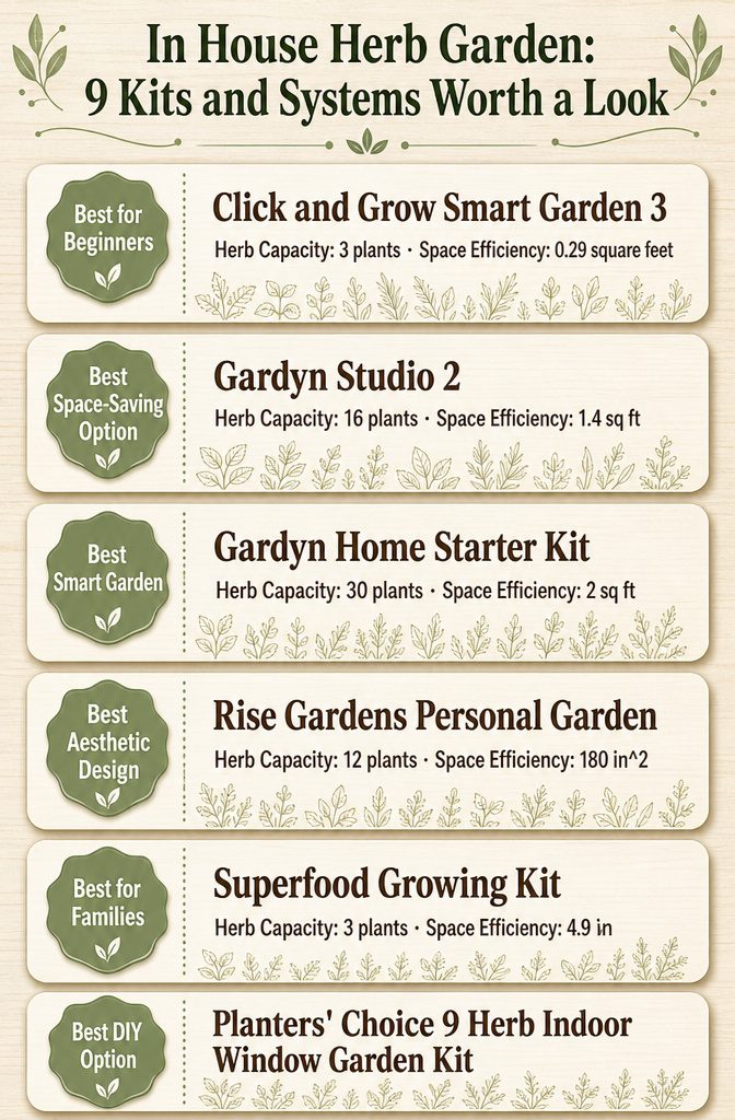 An infographic comparing different in-house herb garden kits and systems.