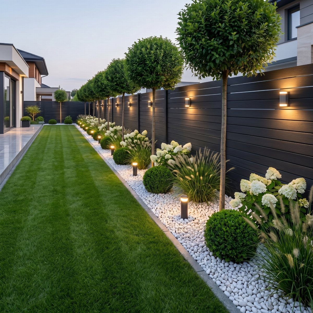 Manicured lawn and white pebble garden strip with small trees and shrubs along a dark fence.