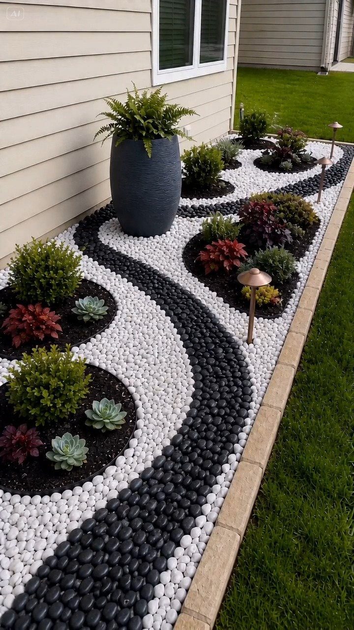 Small green and red shrubs planted in a decorative black and white stone garden bed.