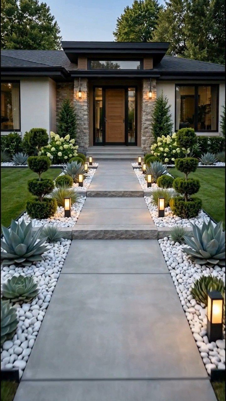 11 Landscaping Front Walkway Ideas: Flagstone to Paver & Modern Styles 6 A modern concrete walkway lined with white pebbles, succulents, and small glowing lights leading to a house.
