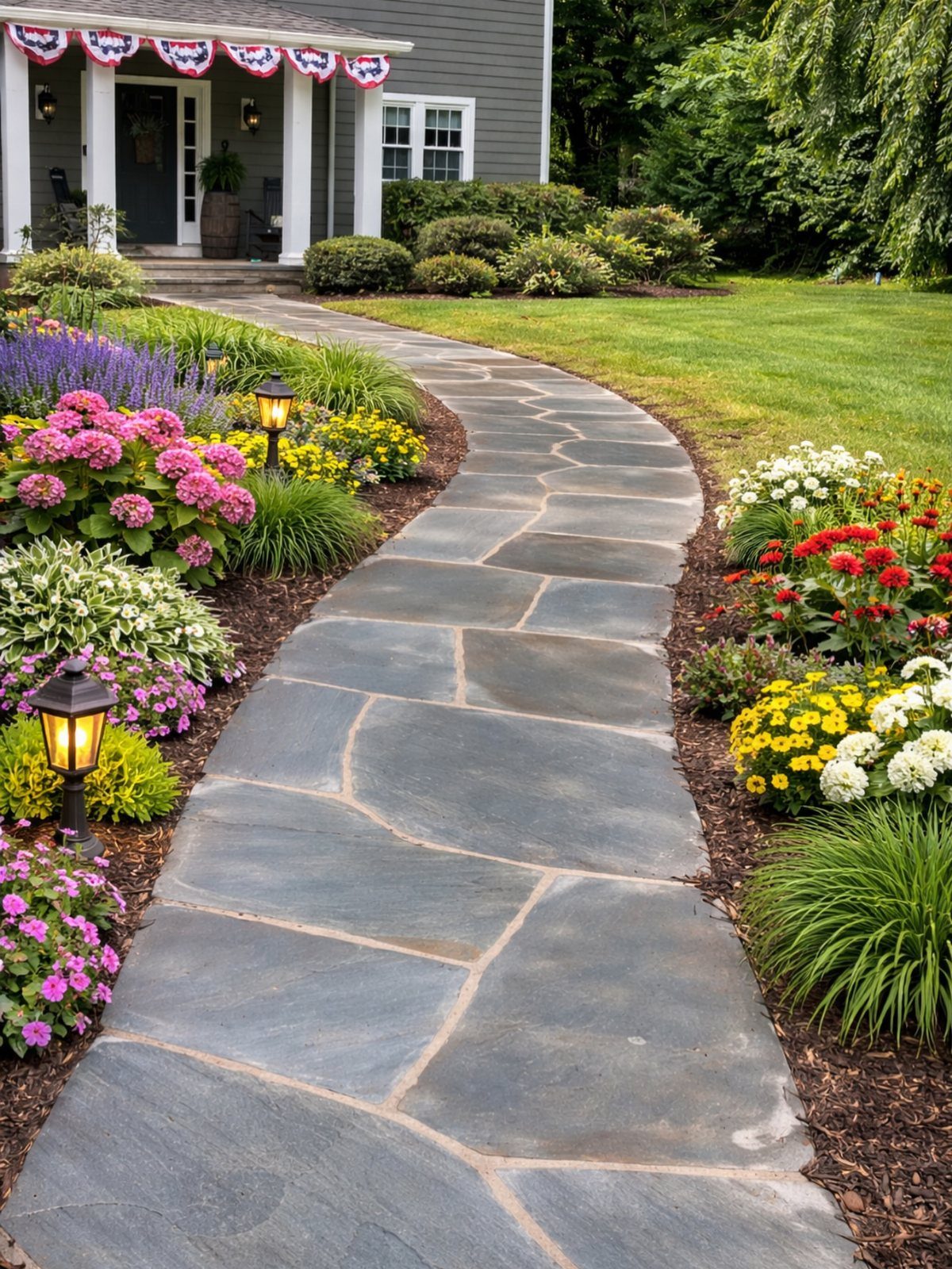 11 Landscaping Front Walkway Ideas: Flagstone to Paver & Modern Styles 1 A curved flagstone walkway winding through a colorful garden with blooming flowers and green shrubs.