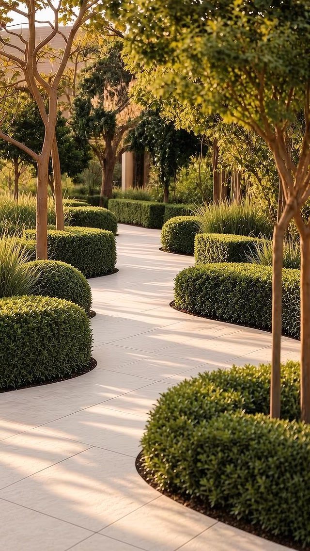 11 Landscaping Front Walkway Ideas: Flagstone to Paver & Modern Styles 2 A light stone tile walkway winding through manicured green hedges and slender trees in a garden.