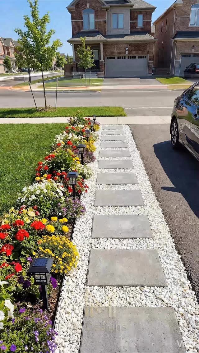 11 Landscaping Front Walkway Ideas: Flagstone to Paver & Modern Styles 8 Large grey rectangular stepping stones set in white gravel surrounded by colorful blooming flowers.