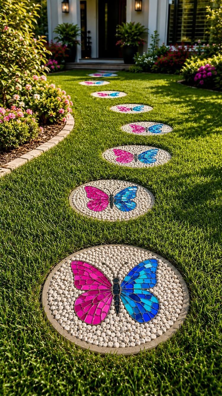 11 Landscaping Front Walkway Ideas: Flagstone to Paver & Modern Styles 7 Circular pebble mosaic stepping stones with colorful butterfly designs set into a green grass lawn.