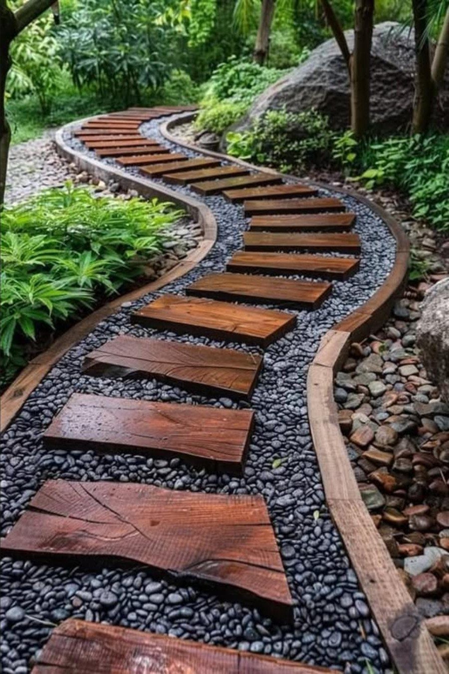 11 Landscaping Front Walkway Ideas: Flagstone to Paver & Modern Styles 10 Dark wooden planks form a curved path set within a bed of black pebbles.