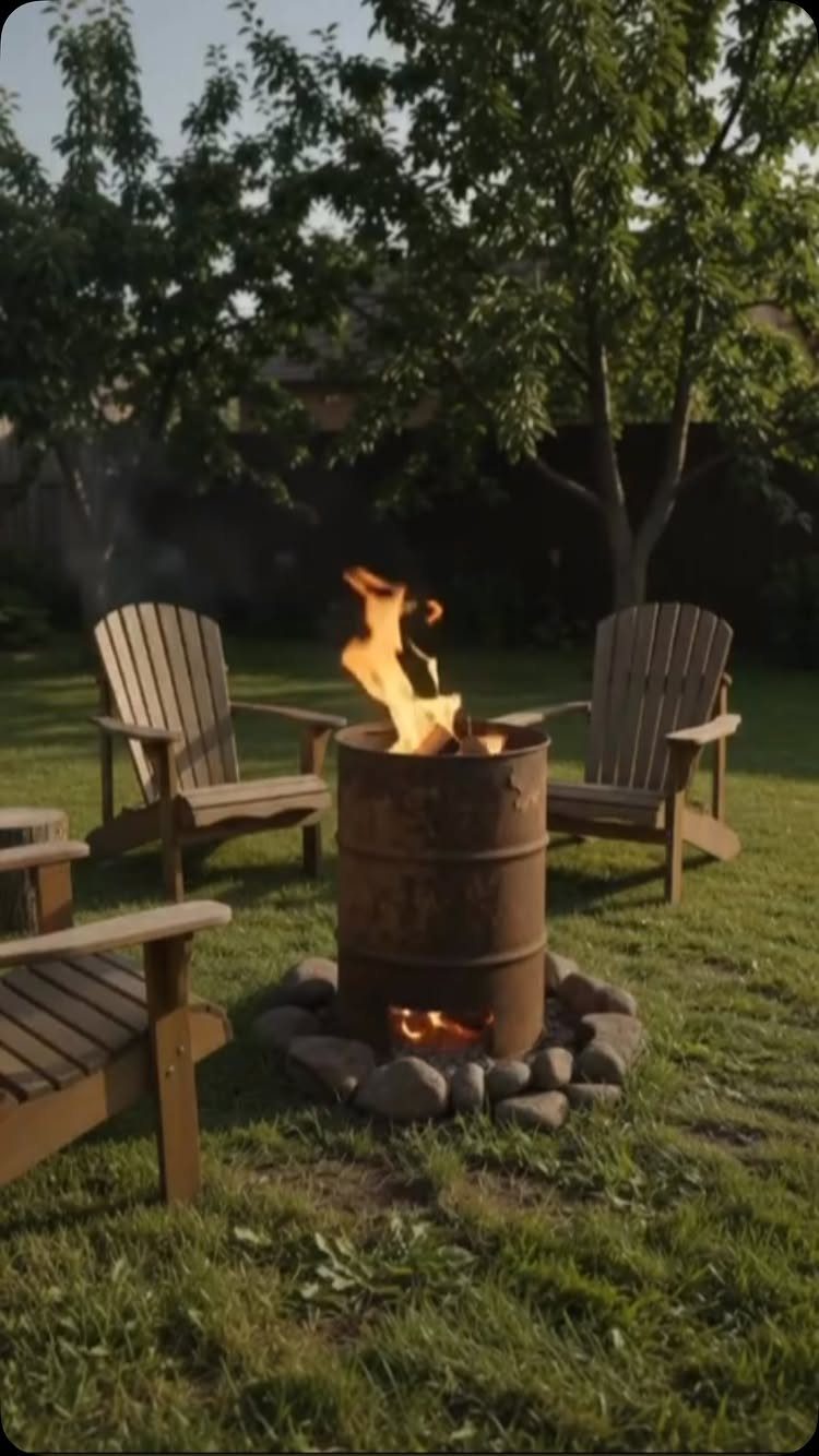 16 Low Budget Backyard Ideas to Refresh Your Outdoor Space 4 A metal barrel fire pit with flames burning on a grassy lawn surrounded by wooden chairs.