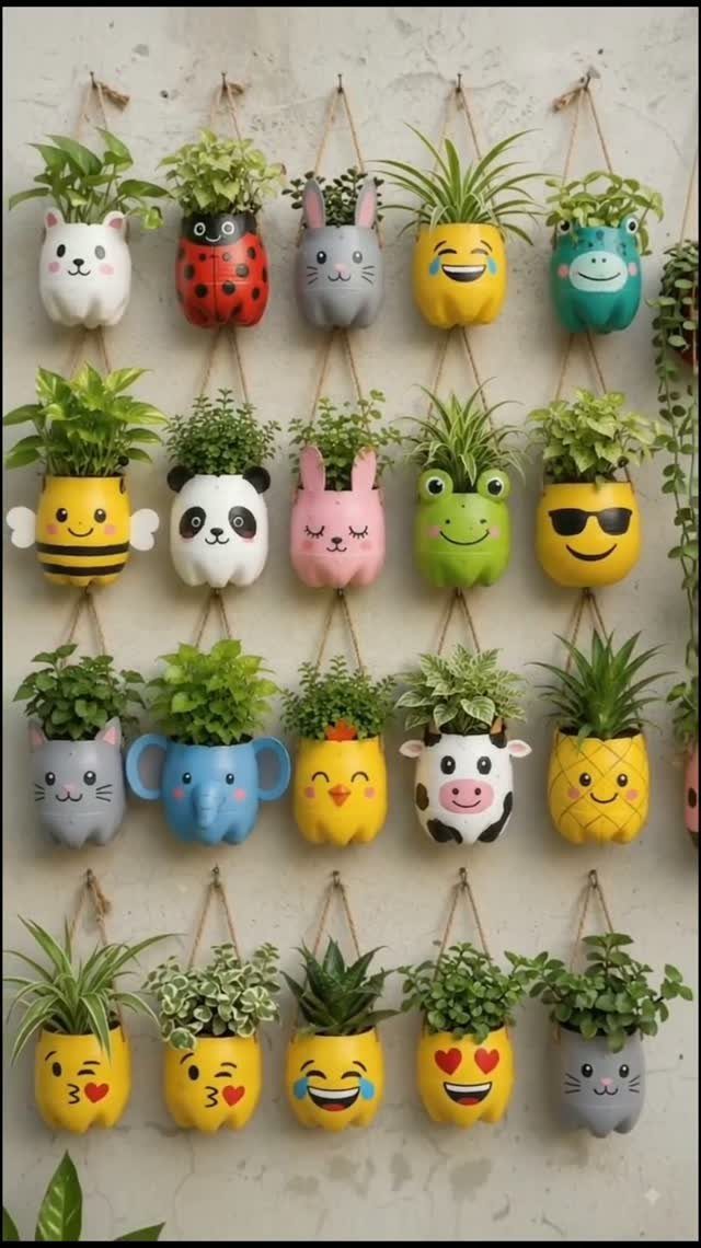 16 Low Budget Backyard Ideas to Refresh Your Outdoor Space 13 Colorful animal-faced plastic bottle planters hanging on a wall with various green plants inside.
