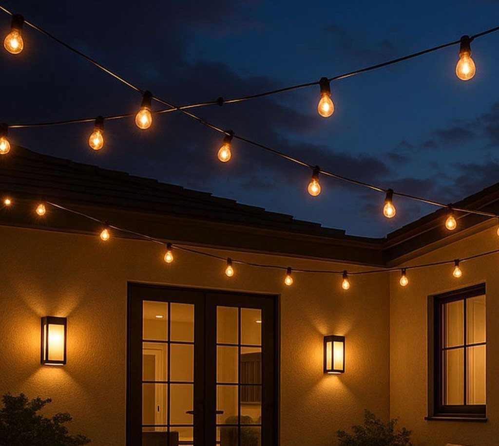 16 Low Budget Backyard Ideas to Refresh Your Outdoor Space 3 Glowing string lights hang across a dark blue evening sky above a house exterior.