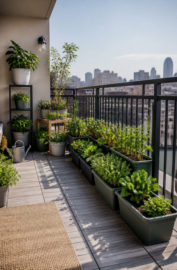 Lightweight pots on a balcony, suitable for vegetable gardening.