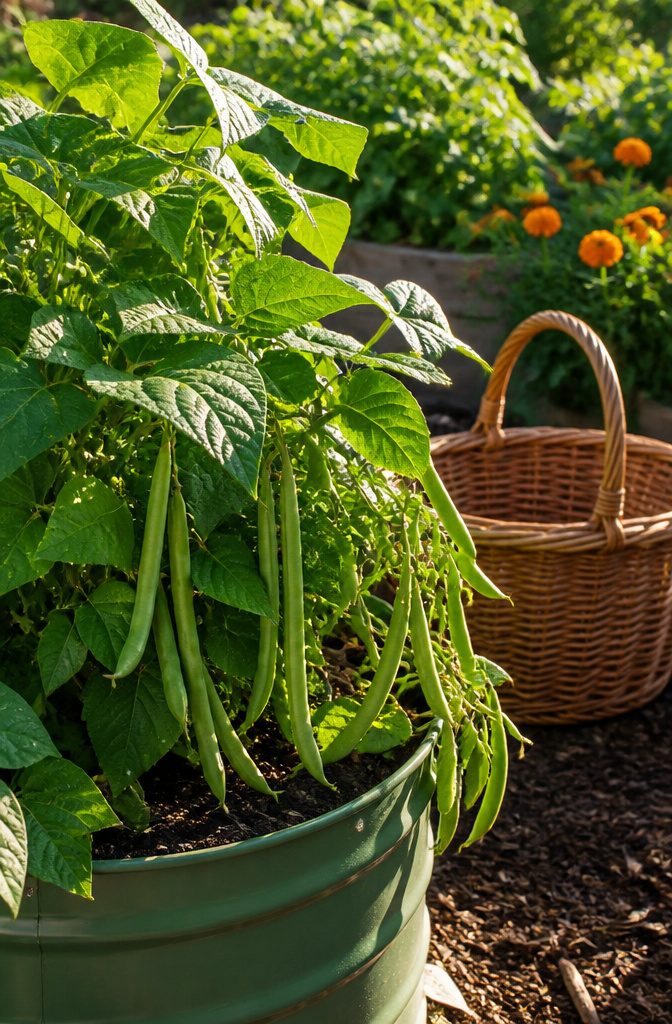 A gardener collecting ripe green beans from a container.
