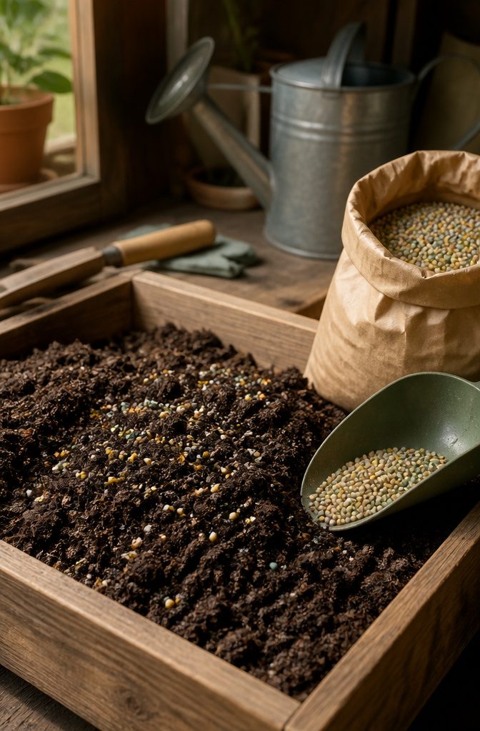 Close-up of potting soil mixed with slow-release fertilizer granules.