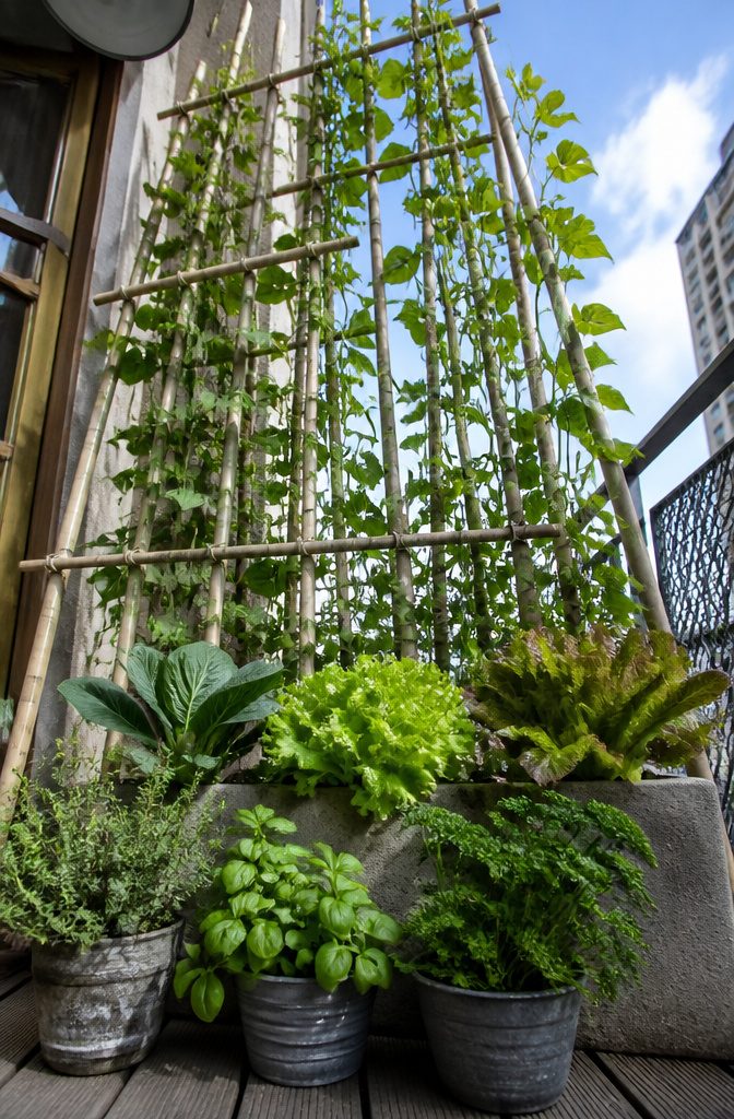 Wall-mounted planters and trellises for vertical gardening.