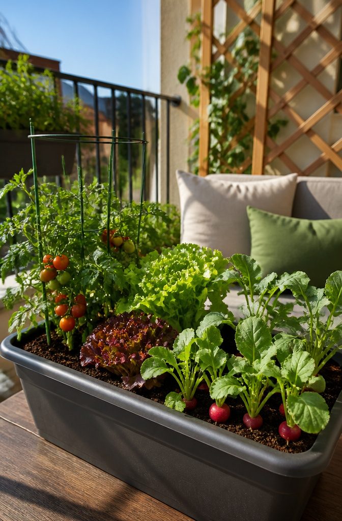 Cherry tomatoes and other compact vegetables in a container.