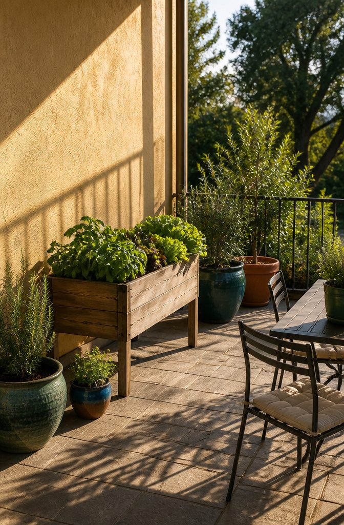 A photograph of a patio receiving sunlight, ideal for gardening.