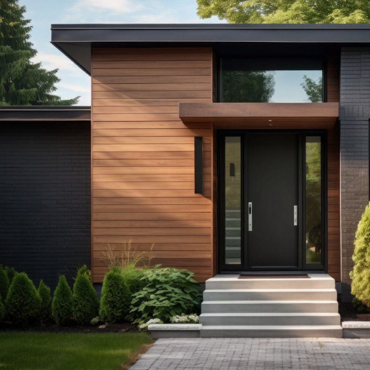 Modern house exterior showcasing wood plank cladding and dark charcoal siding with a black front door.