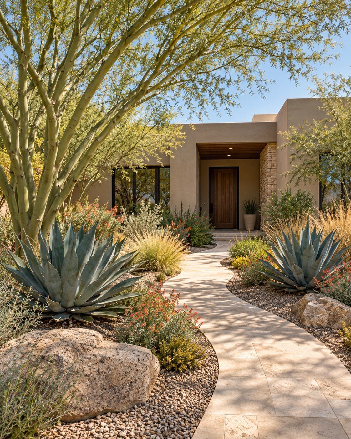 Blue agave plants and desert shrubs line a stone pathway leading to a modern house.