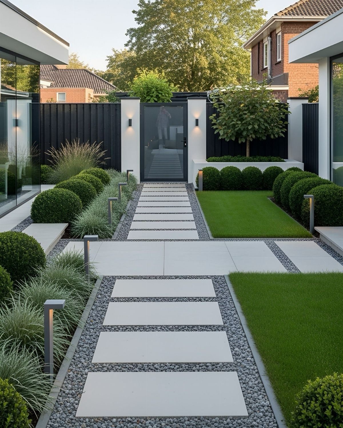 Geometric stone pathway with gravel and manicured shrubs leading to a modern black gate.