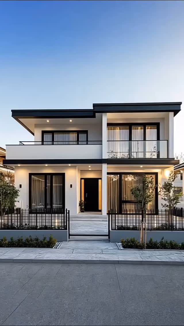 Modern white two-story house with black accents and minimalist landscaping behind a black fence.