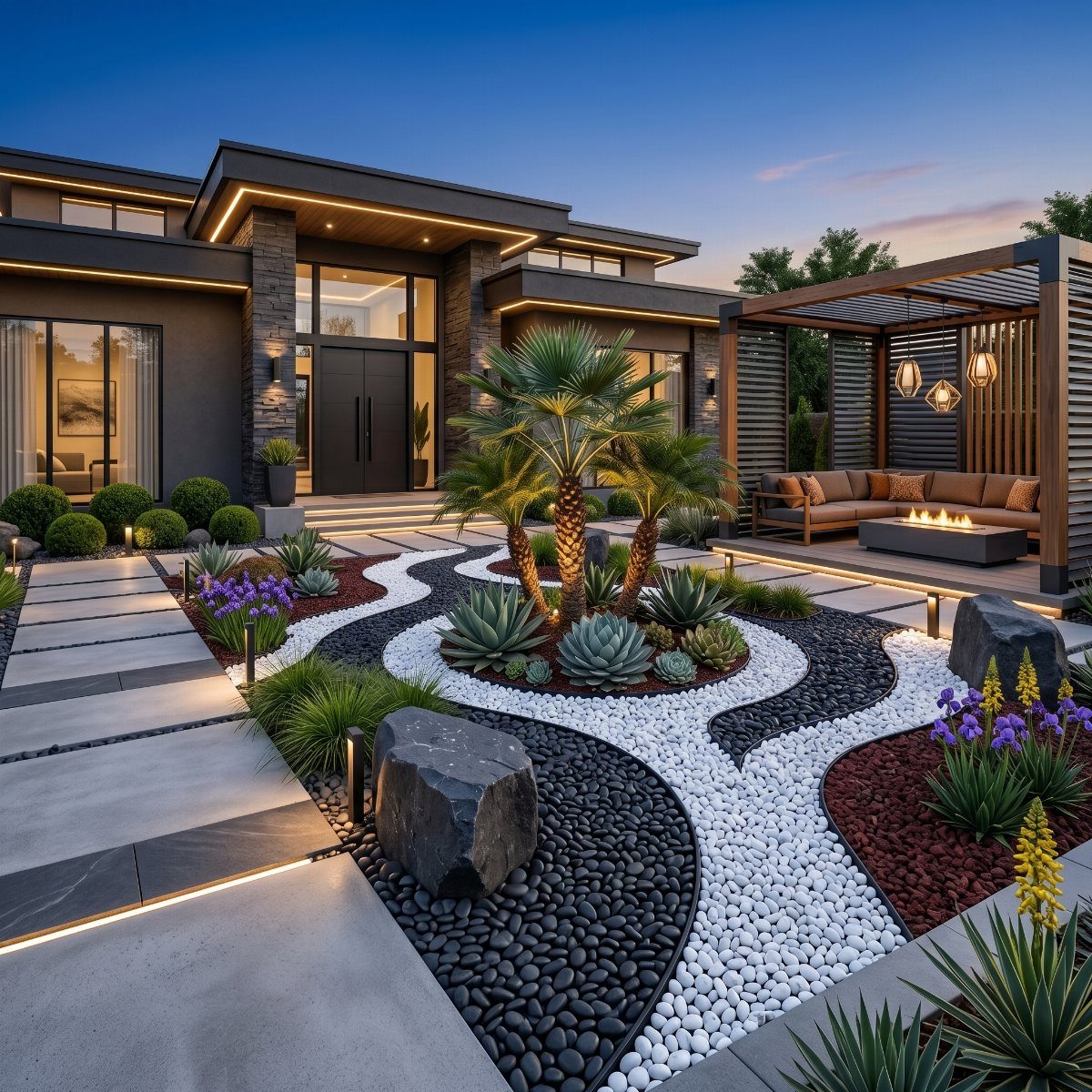 Modern landscape design featuring palm trees, agave, and decorative pebbles in front of a contemporary house.