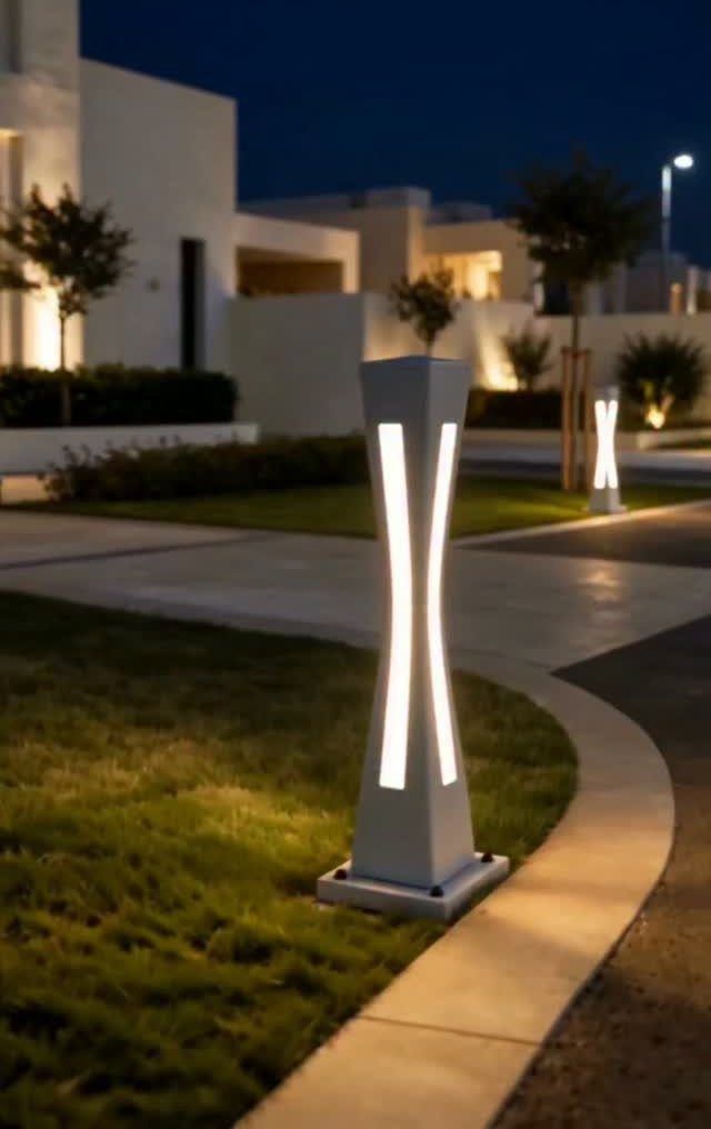Modern white hourglass-shaped outdoor light fixture glowing on a lawn next to a walkway.