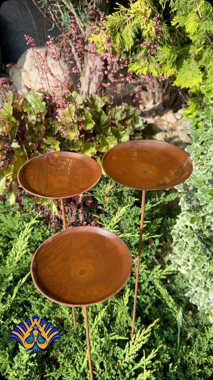 Three rusted metal bowl sculptures on tall thin stems nestled among green garden plants.