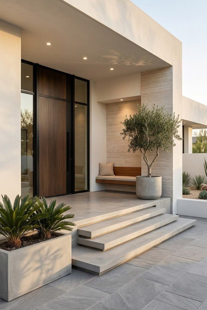 Modern house entrance with a dark wood door, stone steps, and potted olive tree.