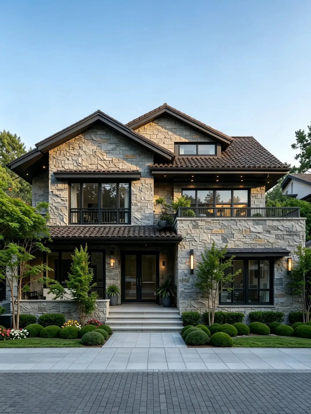 A modern two-story stone house with dark windows and manicured green landscaping in the front yard.
