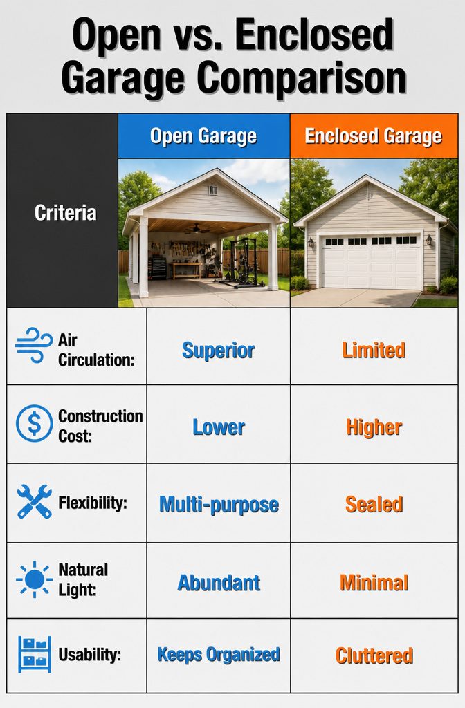 Comparison image highlighting benefits of open vs. enclosed garages.