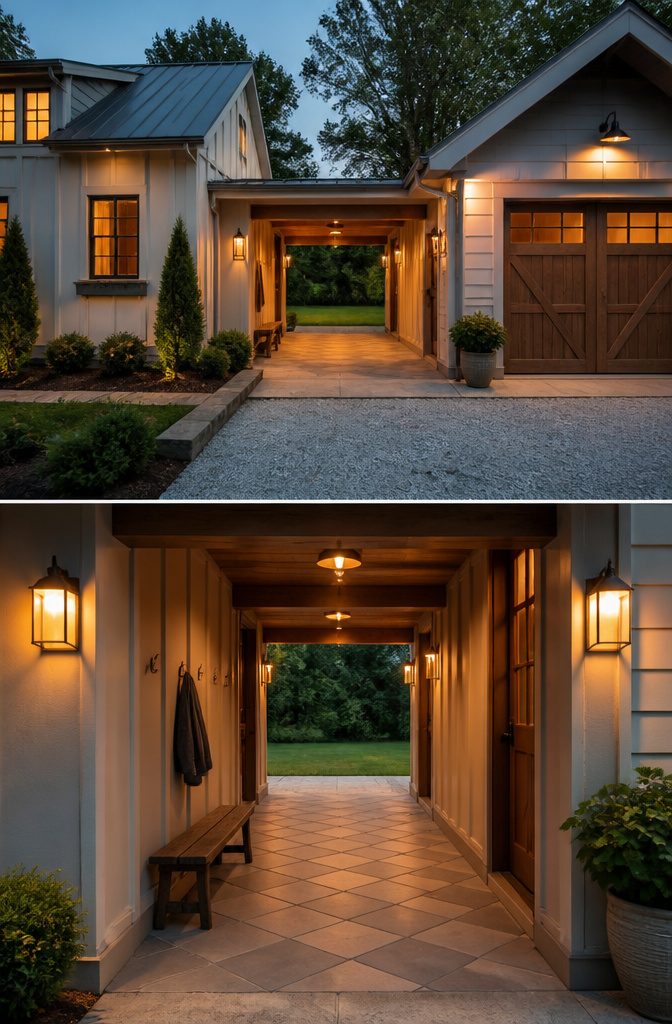 Covered passageway between a house and a detached garage.