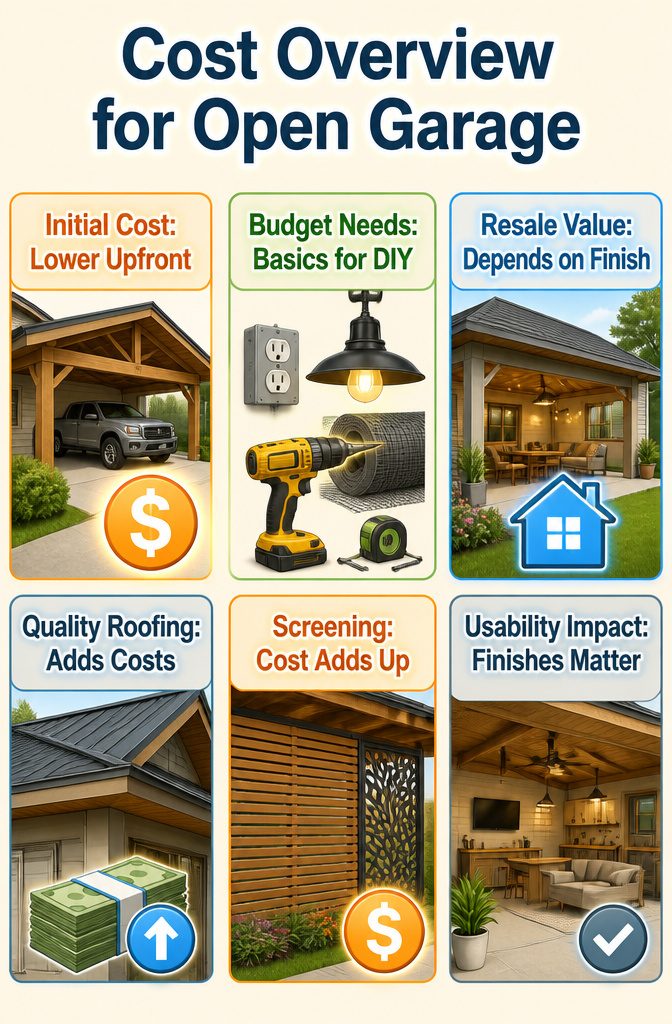 Cost breakdown image for building an open garage front house.