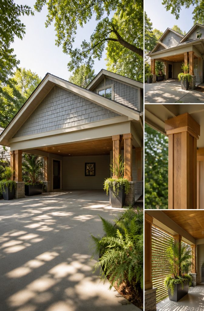 Carport featuring matching roof pitch and trim details with the house.