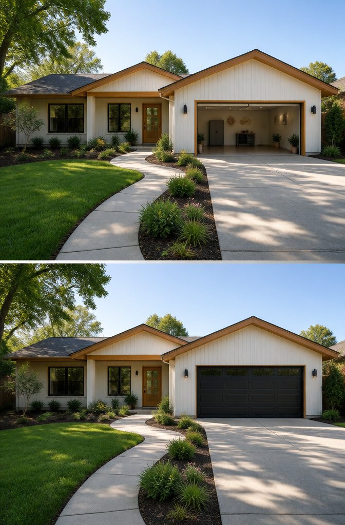 Garage with matching roofline and siding to the main house.