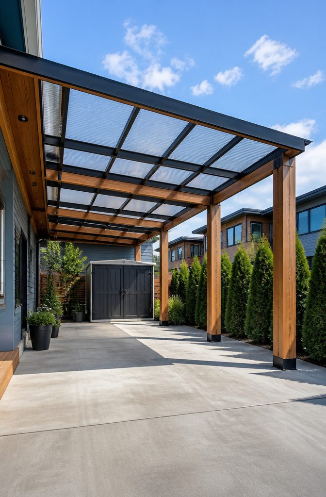 Metal carport with rustic timber cladding and a translucent roof.