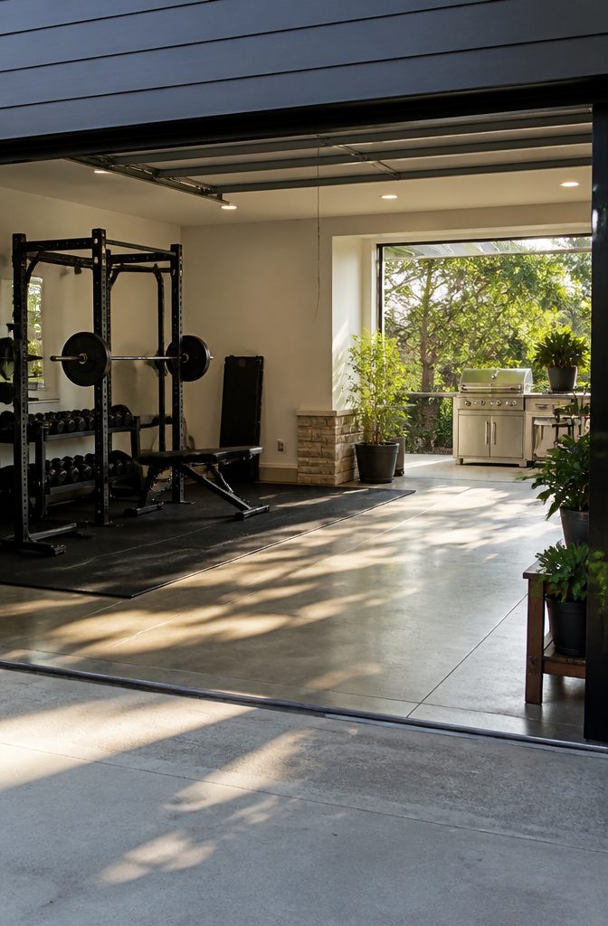 Open garage with a gym setup and organized equipment along the walls.
