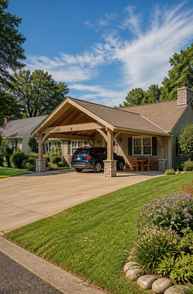 Open carport with a roof supported by posts, surrounded by open space.