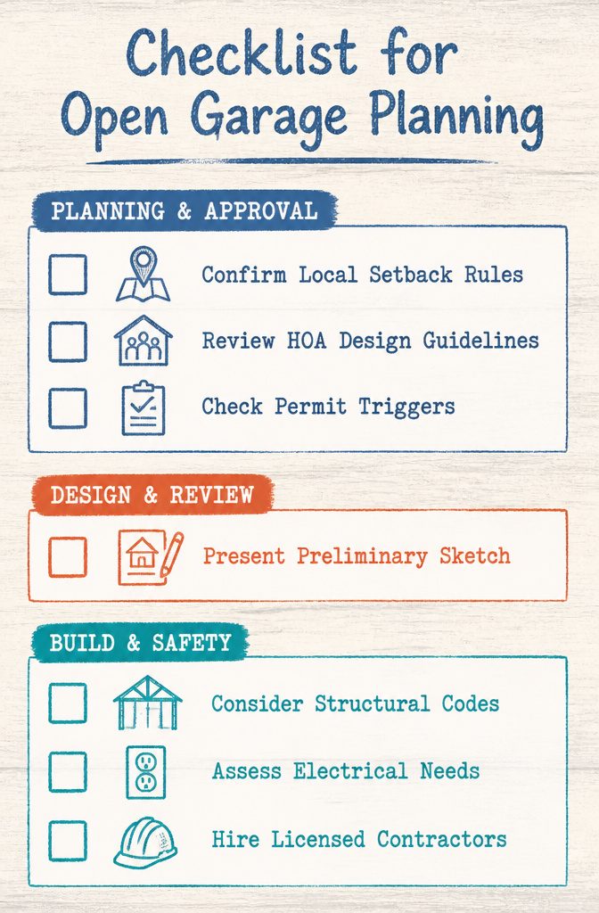 Planning checklist for open garage construction and zoning requirements.